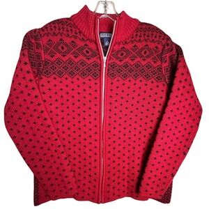 Lands End Women 100% Wool Nordic Fair Isle Full-Zip Sweater Red Black Women Sz S